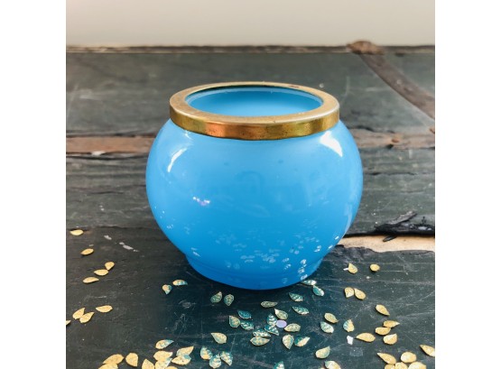 Blue Opaline Glass Container With Gold Tone Metal Rim