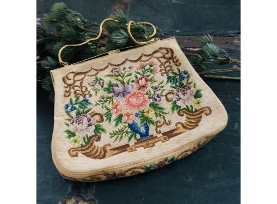 Floral Needlepoint Bag With Gold Strap