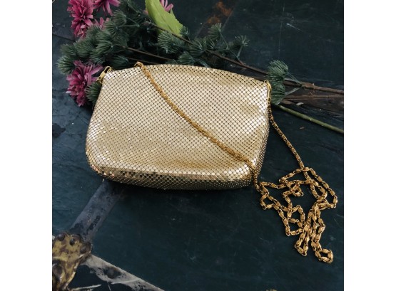 Gold Mesh Bag With Long Chain Strap