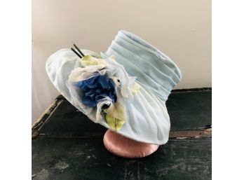 Vintage Ladies Blue Mesh Hat With Flowers