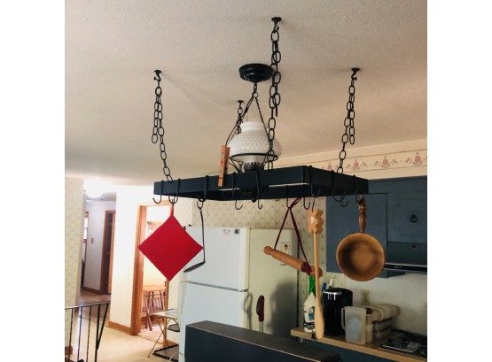 Rectangular Metal Pot Rack With Hooks And Decorative Items