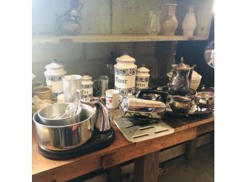 Basement Bench Mixed Lot: Vintage Stand Mixer, Ceramic Containers, Silver Plate Coffee Server Set, Etc.