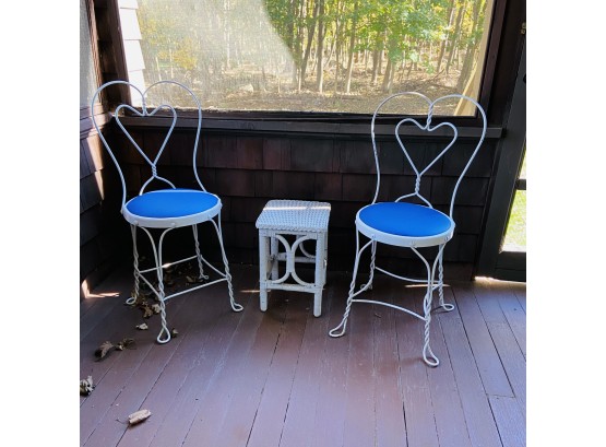 Vintage Pair Of Metal Outdoor Chairs With A Small Wicker Table (First Floor)