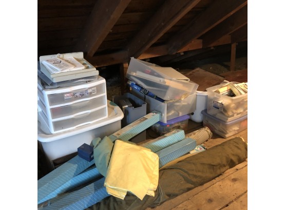 Bins And Totes Lot: Craft Supplies, Cards, Curtain Rods, Office Supplies, Fabric, Etc. (Attic)