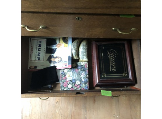 Dresser Drawer Lot: Cigar Box, Lighters, Scrimshaw Tusk, Etc.