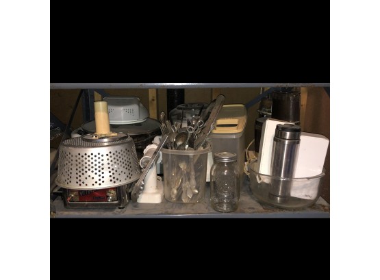 Basement Shelf Lot: Vintage Food Processor, Cutlery, Etc.