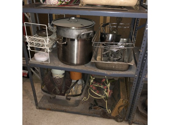 Basement Shelf Lot: Stock Pots, Storage Racks, Decorative Items