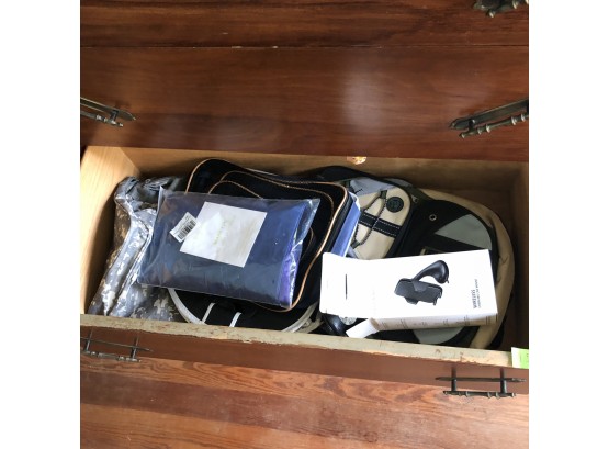 Dresser Drawer Lot: Backpack, Phone Holder, Etc.