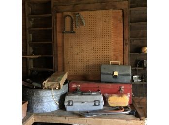 Bench Lot With Galvanized Tub, Saws, Tool Boxes Etc. (Barn)