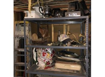 Basement Shelf Lot: Vintage Coffee Maker And Carafes, Sleigh Bells, Platters, Gift Bags, Wooden Bowl, Etc.