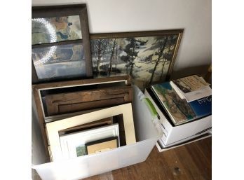 Assorted Framed At Pieces And Box Of Books (Upstairs)