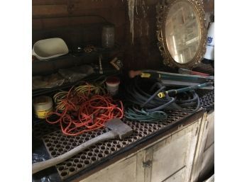 Metal Shelf With Odds And Ends, Hedge Clippers, Axe, Etc. (Barn)