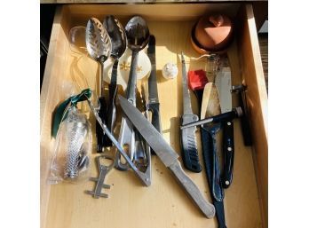Kitchen Drawer Lot: Assorted Cutlery And Serving Spoons