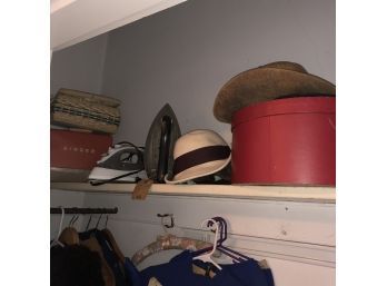 Closet Lot: Hats, Iron, Vintage Singer Sewing Machine And Notions Basket (Upstairs)