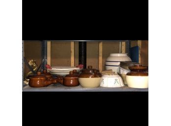 Basement Shelf Lot: Bean Pots, Assorted Dishes