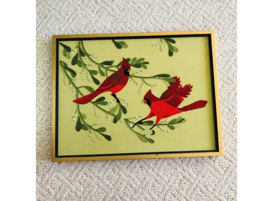 Framed Embroidery With Cardinals On Branches