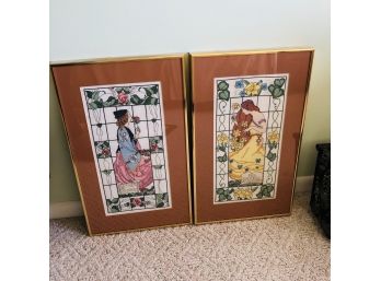 Pair Of Framed Cross Stitch Pieces With Poetry Lines