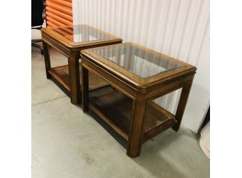Pair Of Glass Top Ends Tables With Rattan Shelf
