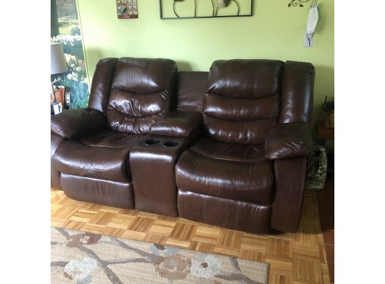 Leather Double Power Recliner With Cup Holders And Storage