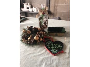 Assorted Christmas Decorations: Candle Ring, Sign, Bottle