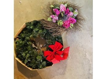 Lot Of 2 Wreaths - Christmas And Spring Floral (basement Bottom Shelf)