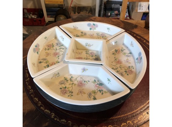Vintage Takahashi Ceramic Plates On A Round Wooden Tray