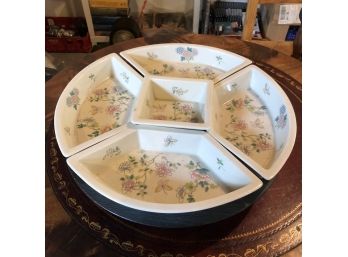 Vintage Takahashi Ceramic Plates On A Round Wooden Tray