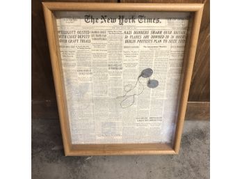 Framed NY Times From 1941 With Dog Tags