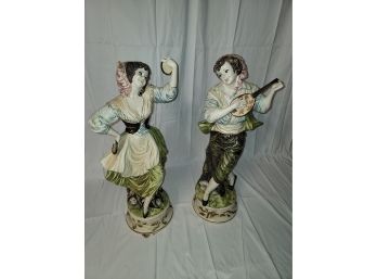 Vintage Violinist Ceramic Figures 29 Inches Tall Each - Girl Has Broken Thumb