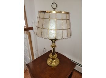 Two ( Pair )  - Vintage Brass Table Lamps With Capiz Shell Shade - Height 28'  - Diameter Shade  15'