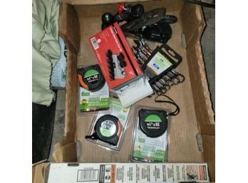 Box Of Misc Tools - Measuring Tapes - Wrench Set And More