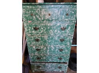 Green Painted Garage Dresser With Draws Full Of Hardware - Dresser Used In Garage As Storage