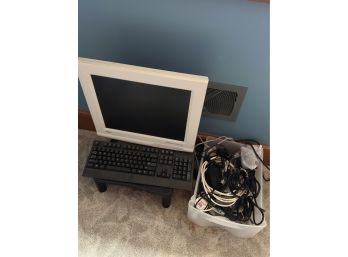 Computer Monitor And Keyboard With Bin Of Wires - (Bedroom 2)