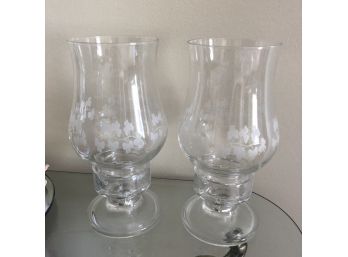 Set Of Two Eamon Etched Glass Clover Candle Holders With Chimneys
