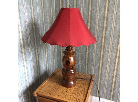 Turned Wood Lamp With Red Shade