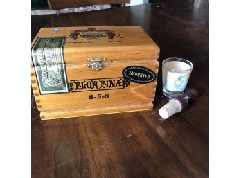 Cigar Box, Wine Stopper And Shot Glass