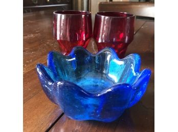 Blue Glass Dish And Red Tumblers