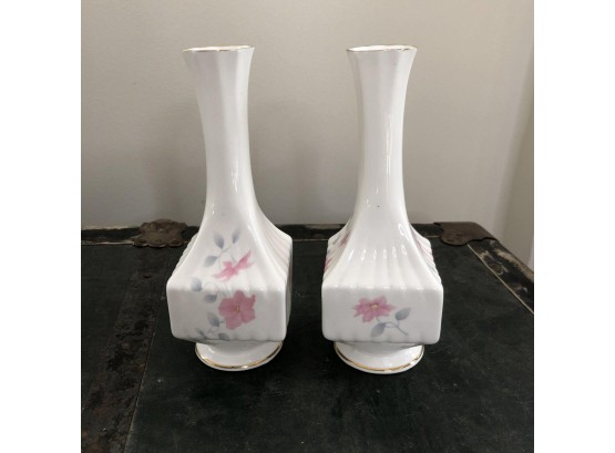 Fine Bone China Vase Pair With Painted Flowers (England)