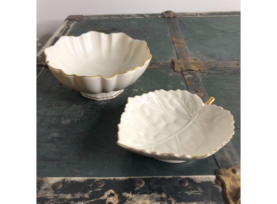 Pair Of Lenox Ivory And Gold Ceramic Pieces Bowl And Leaf Dish