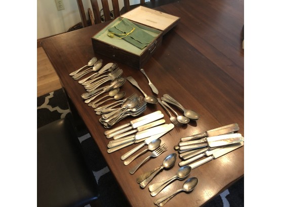 Antique Silverplate Cutlery Lot With Storage Box