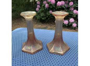 Vintage Carnival Glass Candlestick Pair