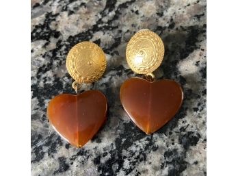 Gold Tone And Brown Heart Earrings