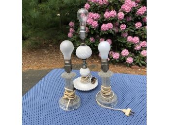 Set Of Three Vintage Lamps - Crystal And Milk Glass