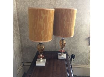 Table Lamp Pair With Orange Shades And Glass And Marble Base