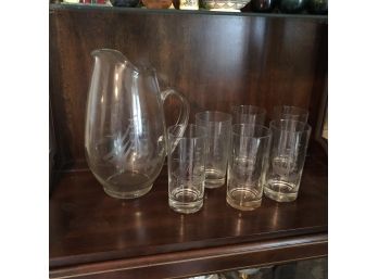 Pitcher And Glasses With Etched Clipper Ship