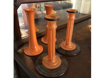 Set Of Four Orange Candlesticks