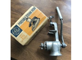 Vintage GE Steam Iron And A Vise-Grip Meat Grinder