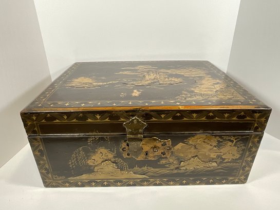 Chinese Meiji Period Lacquer Box W / Gilt Gold Accents - (DM)