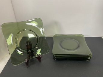 (8) Mid Century Square Green Glass Snack Plates - (DM)
