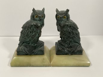 Bronze Owl Bookends - Marble Base
